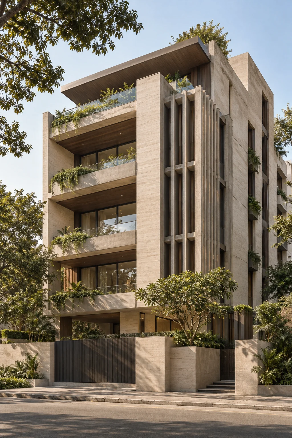 Conceptual contemporary Indian building with deep shading fins and planted terraces
