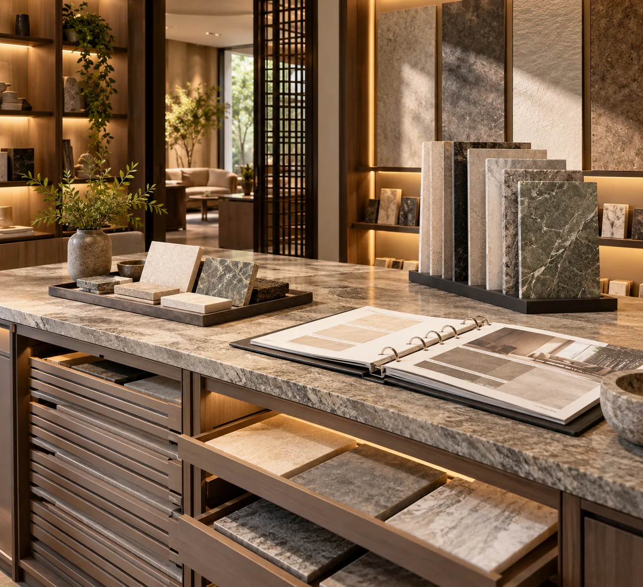 Conceptual brand discovery counter with sample drawers and material displays