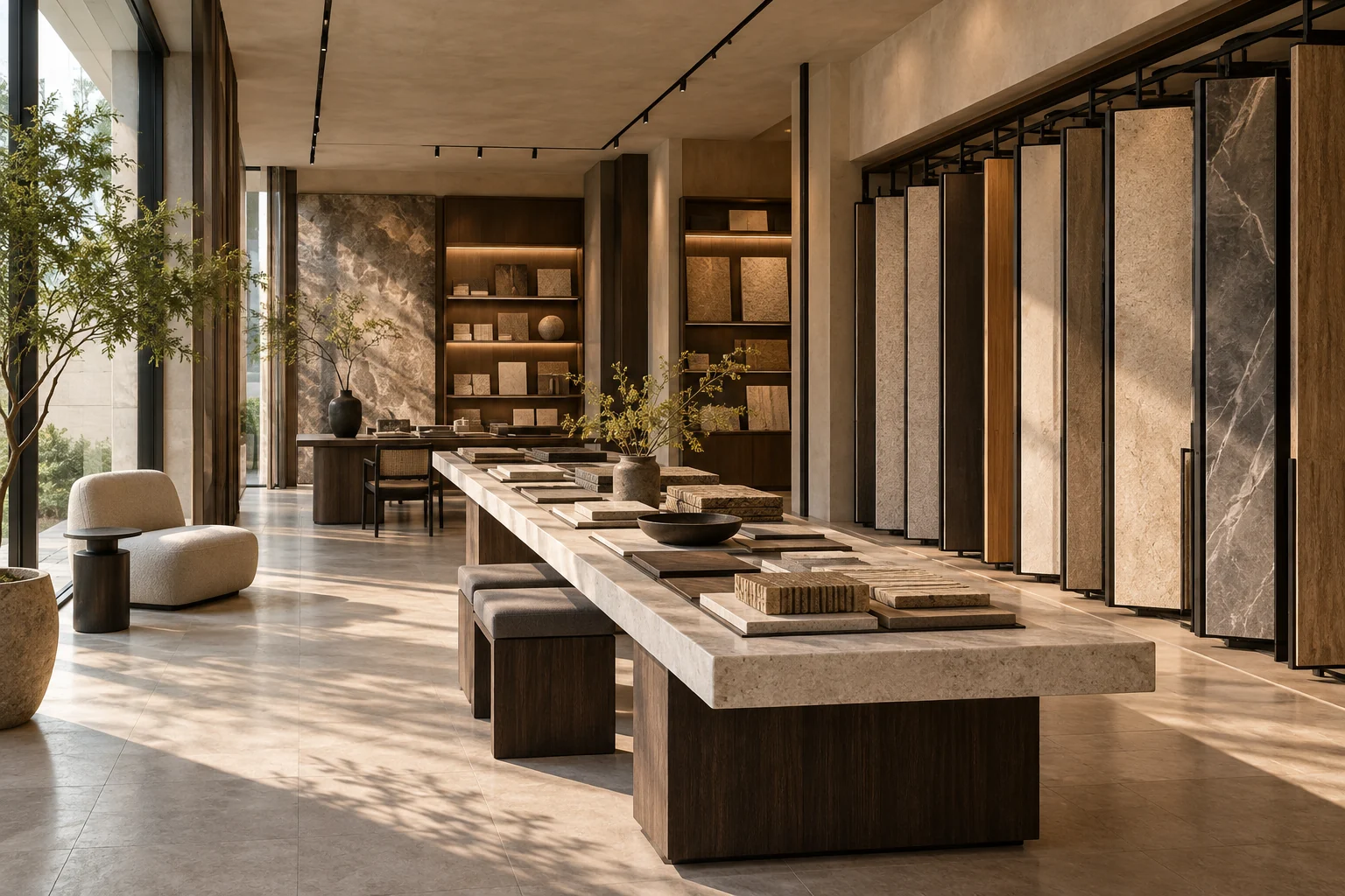 Concept for a material gallery with a large sample table and carefully curated surface displays