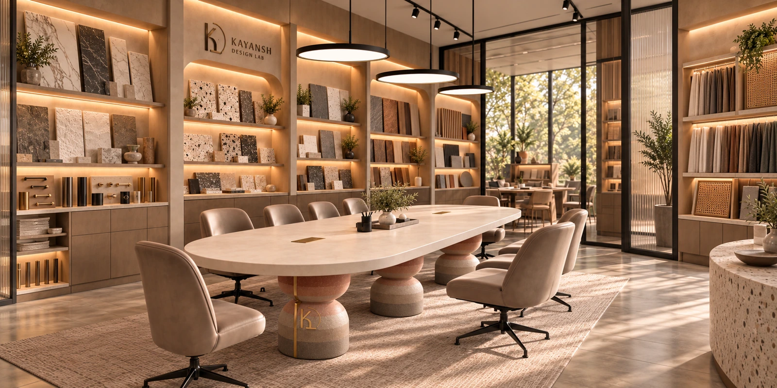 Approved concept for the proposed Kayansh Experience Centre: a sculptural shared table surrounded by illuminated material, hardware, textile and glass displays