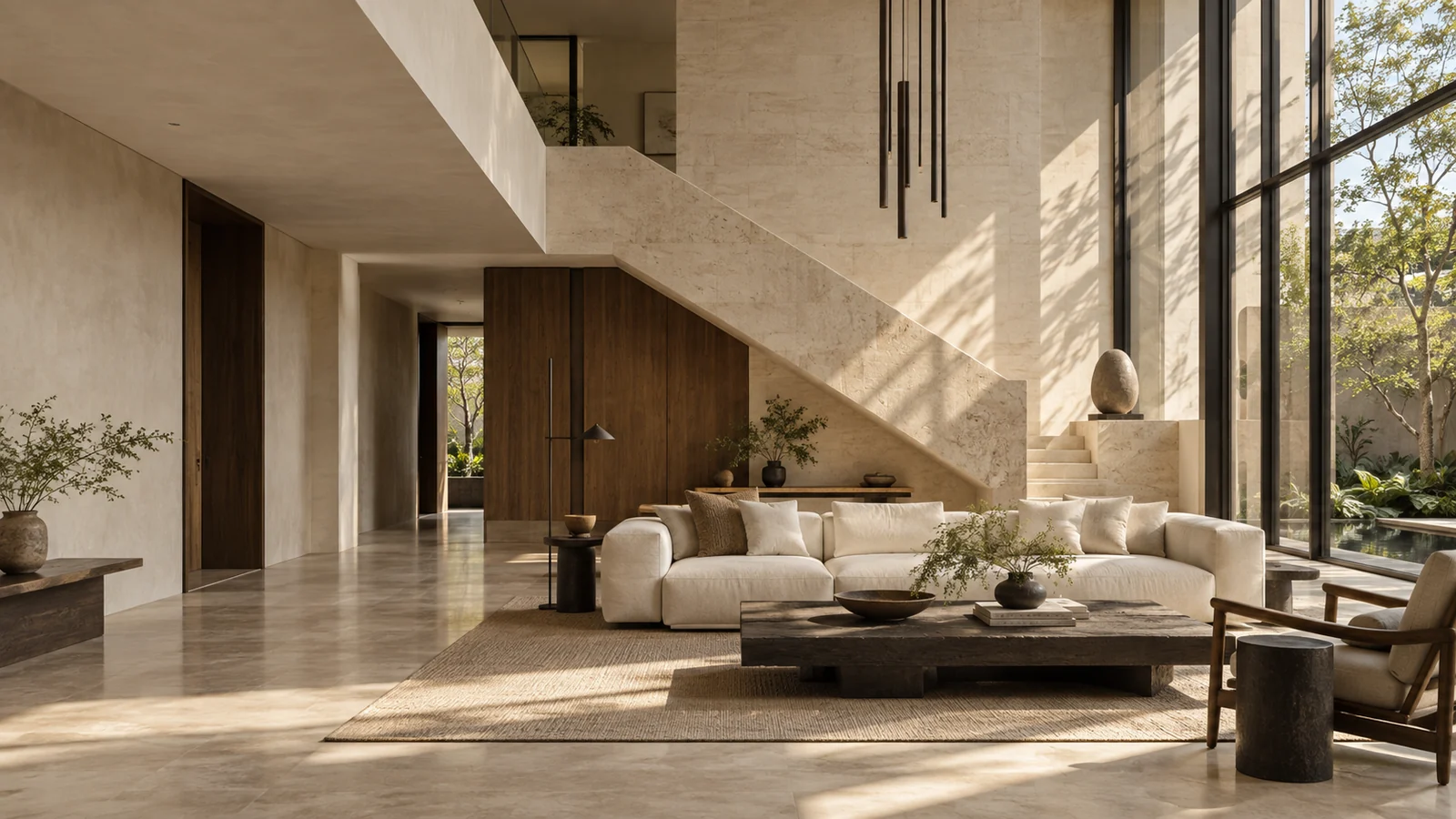 Concept visual of a contemporary residence with pale stone, oak and a sculptural staircase