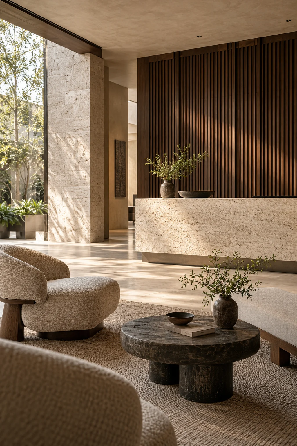 Concept visual of a refined work lounge with timber joinery and a stone reception desk